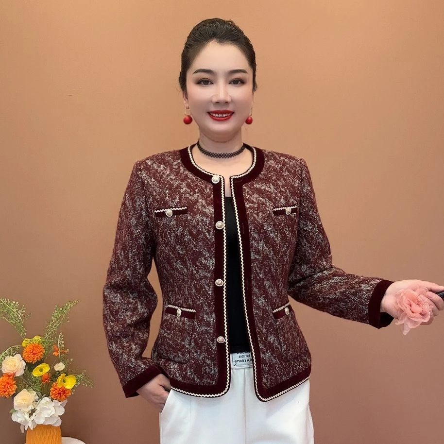 新款中年妈妈香风圆领外套洋气时尚气质春秋上衣带衬