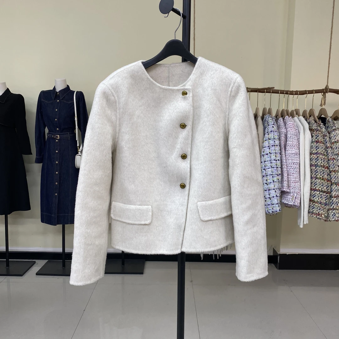 高级感原～双面大衣女秋冬短款小个子小众设计感毛呢外套白色