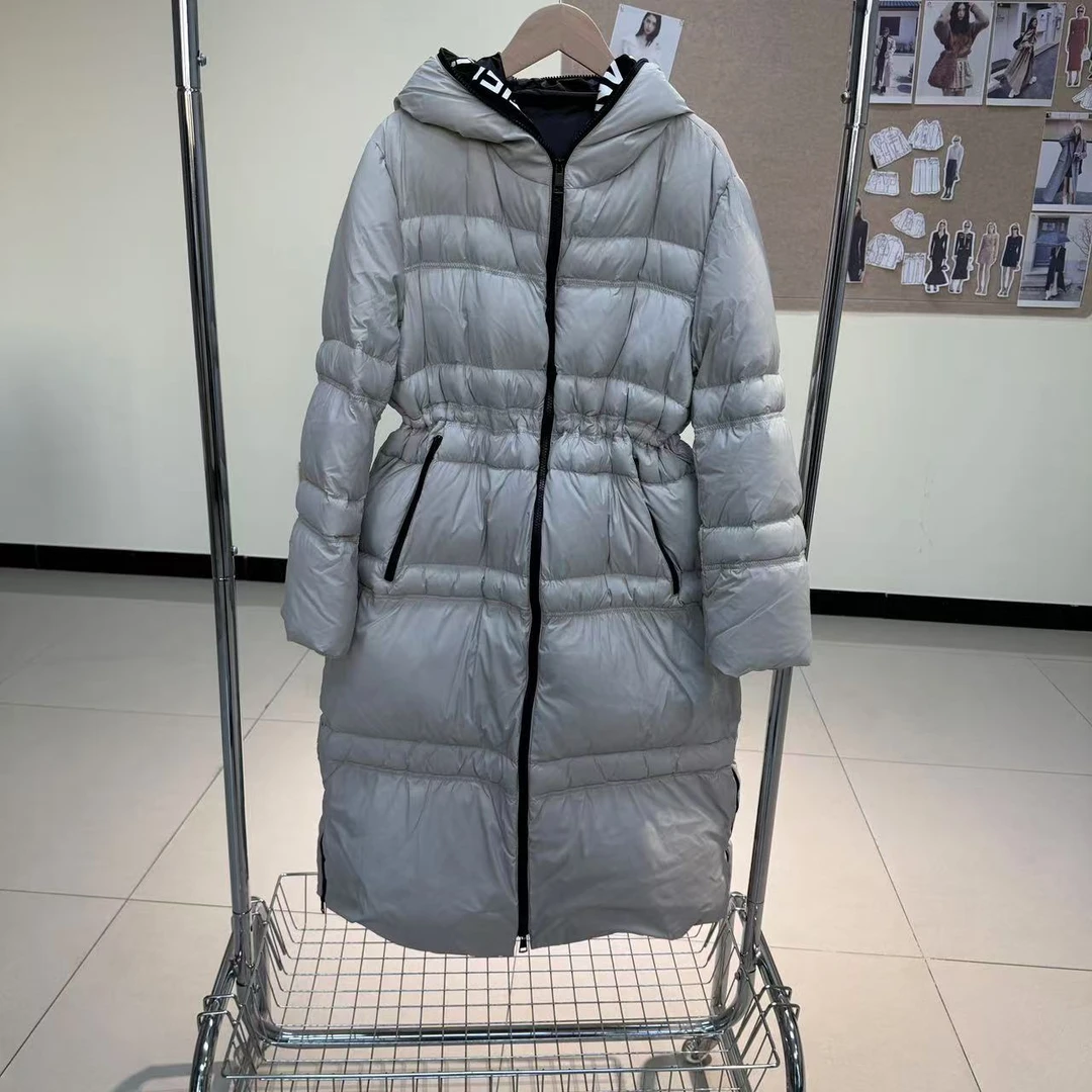 2024年冬季新款韩版厚实保暖防风袖口中长款拉链鹅绒连帽羽绒服