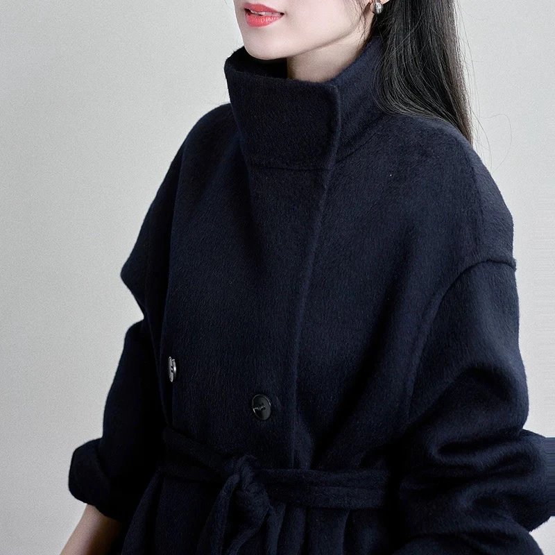韩国立领双排扣高级感设计感小众气质双面毛大衣2024秋冬
