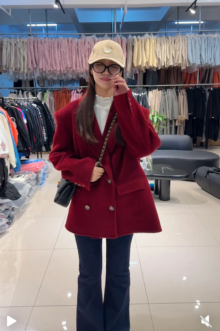 时尚安哥拉红双面手缝大衣毛呢外套中长款大衣秋冬气质百搭女士