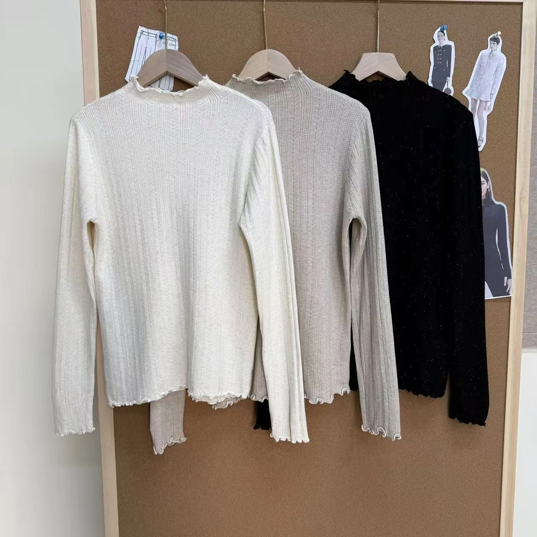 半高领木耳边打底针织衫女毛衣纯色秋冬小众内搭别致修身长袖上衣