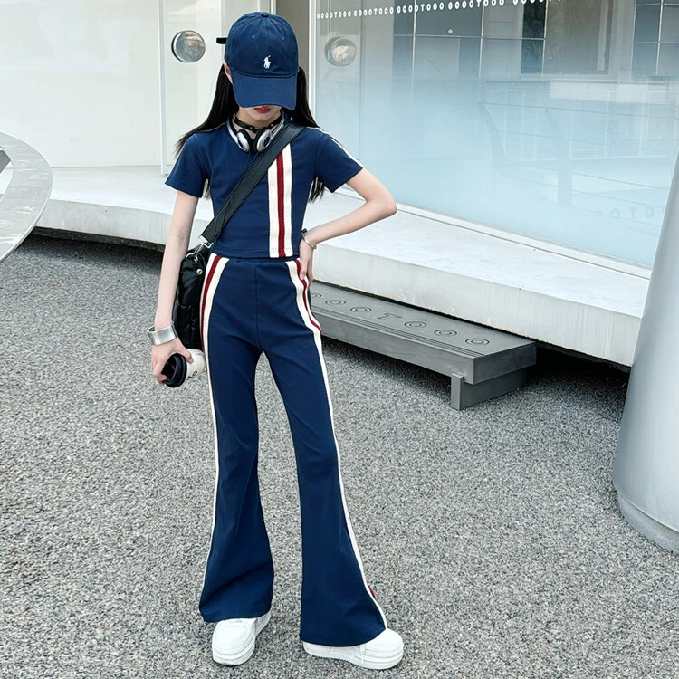 女童套装2025夏季新款撞色短袖中大童气质运动休闲微喇裤子两件套