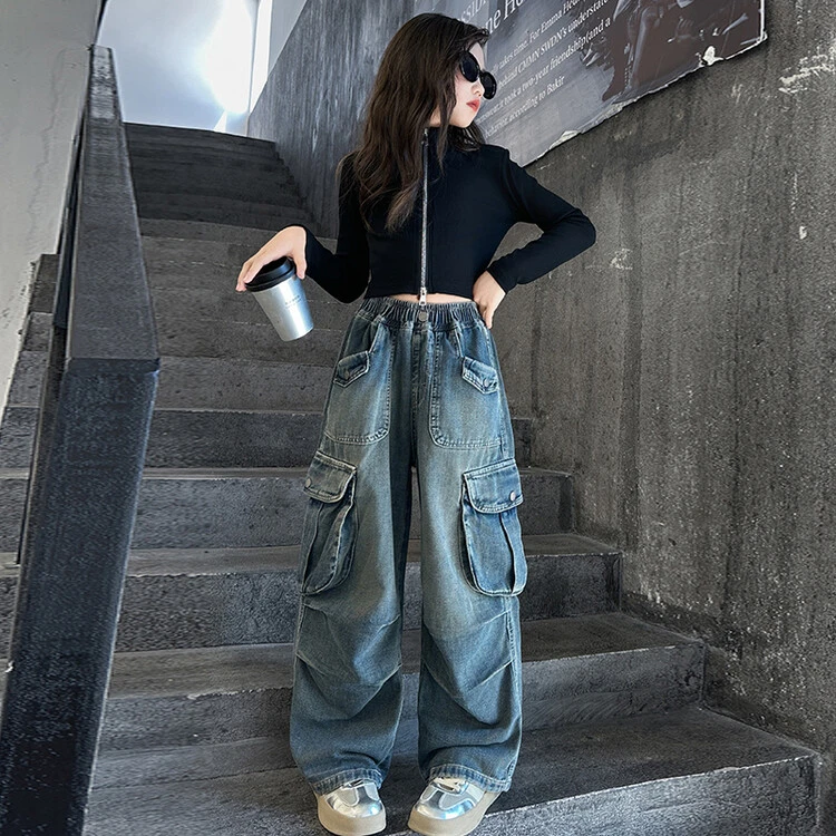 女童牛仔裤春秋款2024中大童洋气时髦工装裤儿童秋季宽松时尚裤子