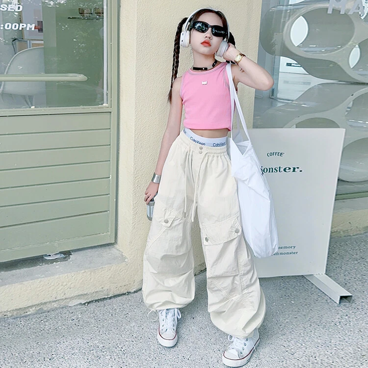 女童无袖背心套装夏季时髦工装裤女孩嘻哈运动街舞服装潮范两件套
