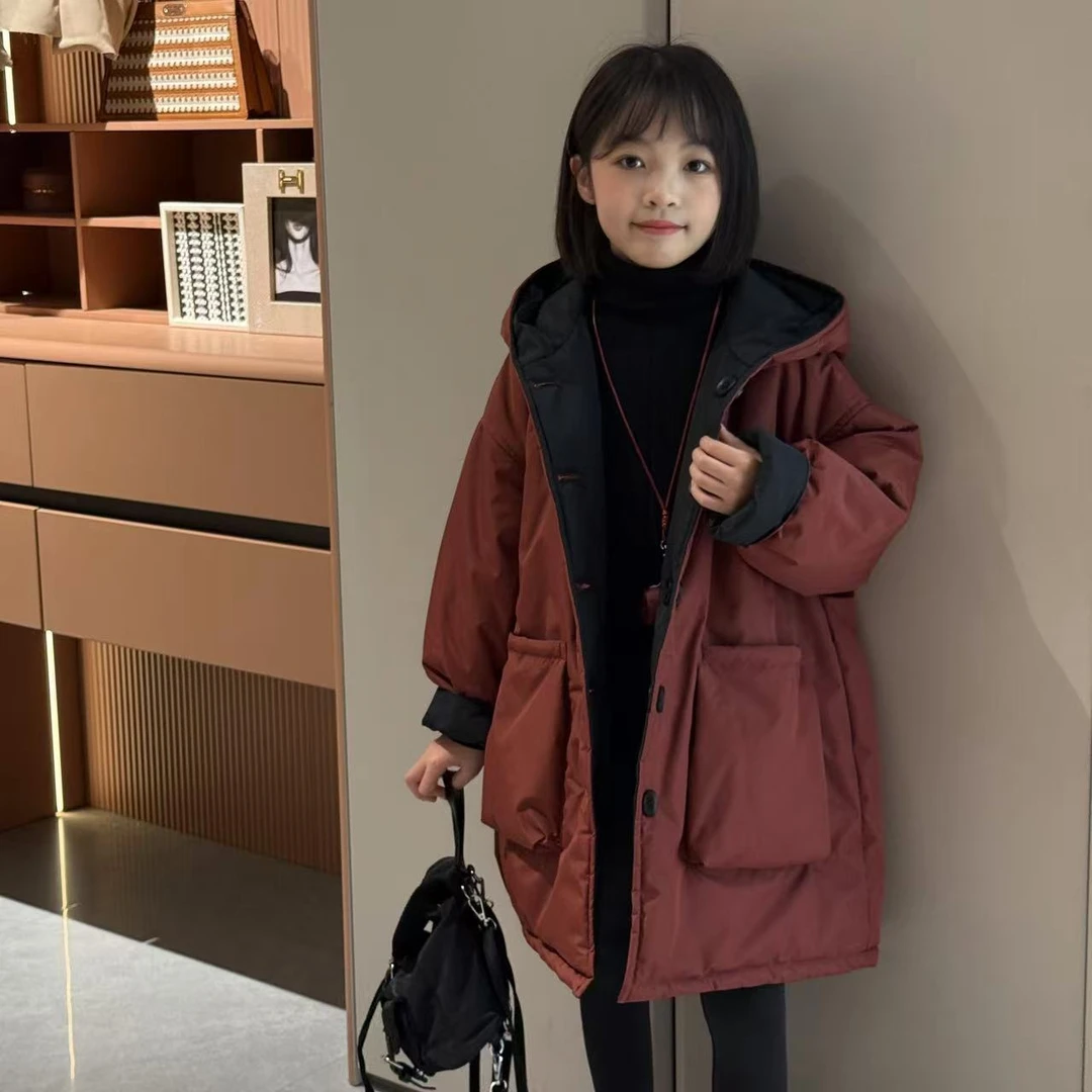 女童2024秋冬新款中大童冬季洋气两面穿连帽加厚棉服长款宽松外套