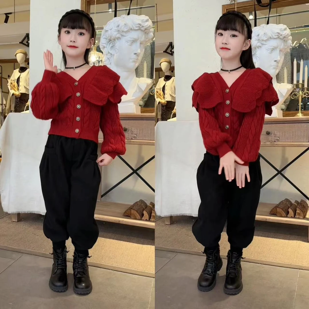 2024新款开衫毛衣洋气小衫甜酷女童荷叶花边毛衣秋冬时尚靴裤套装