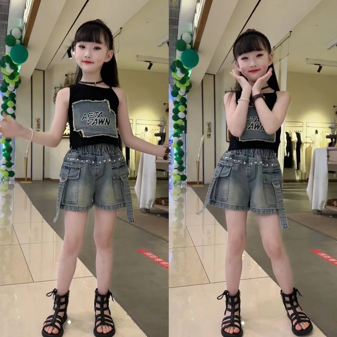 女童夏季套装2024新款时髦儿童背心牛仔短裤洋气女孩薄款辣妹夏装
