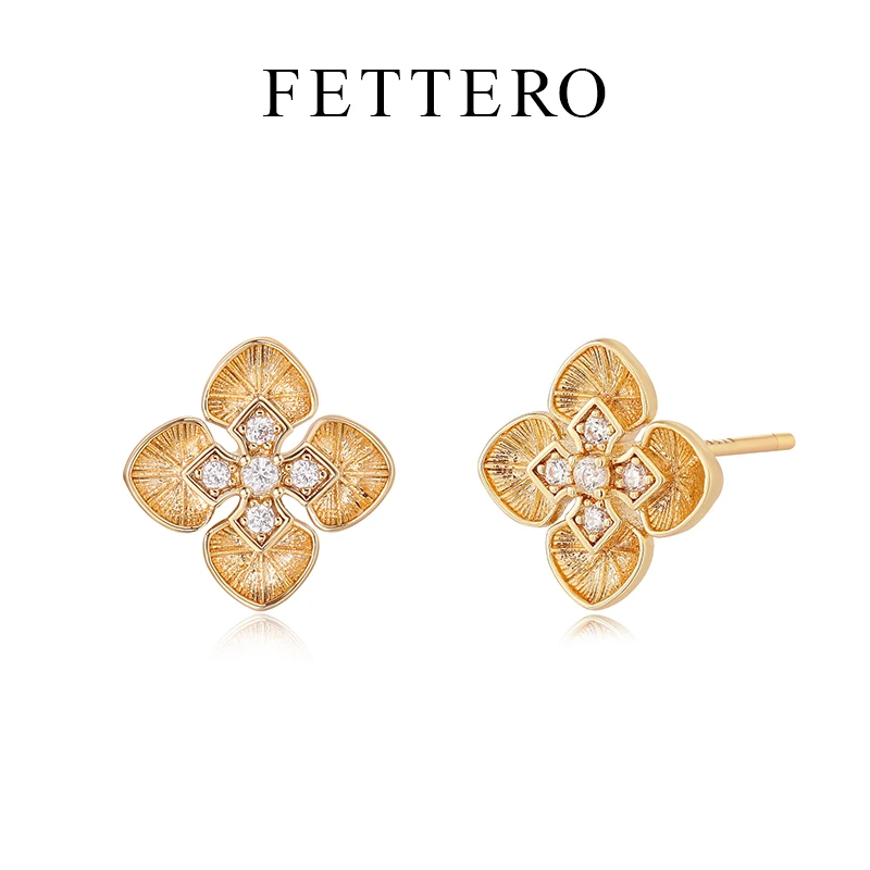 fettero 铜合金耳饰 【金色4角花瓣耳钉】气质轻奢复古镶钻优雅