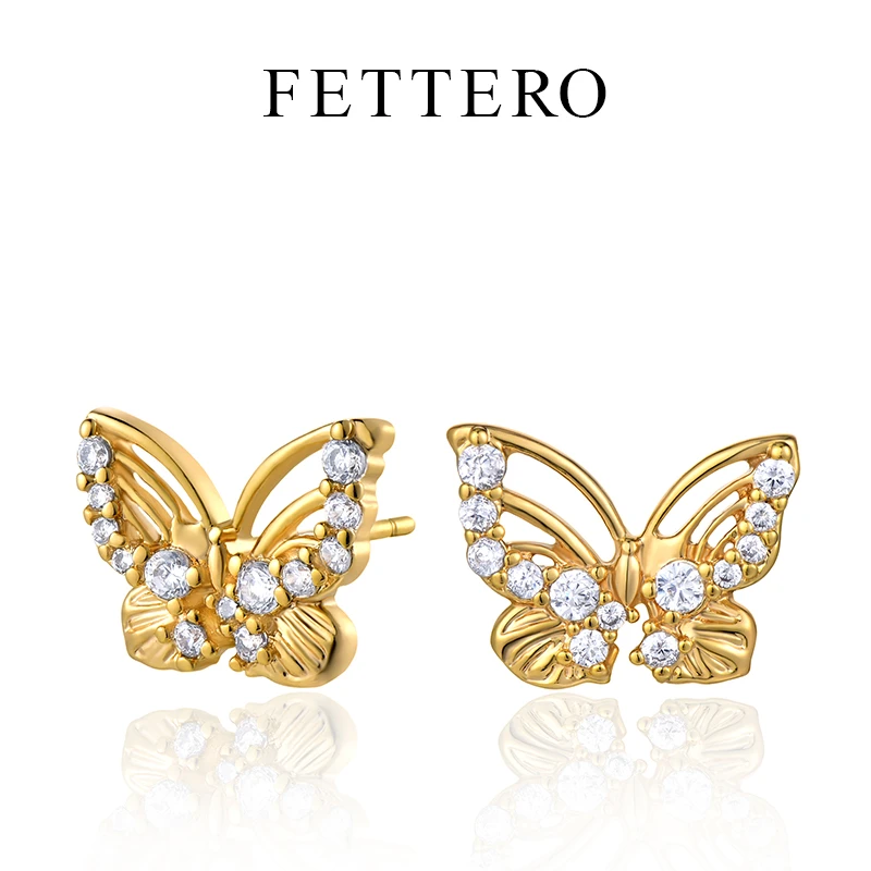 fettero 铜合金耳饰 【 金色钻线蝴蝶对称耳钉】气质时尚法式精致