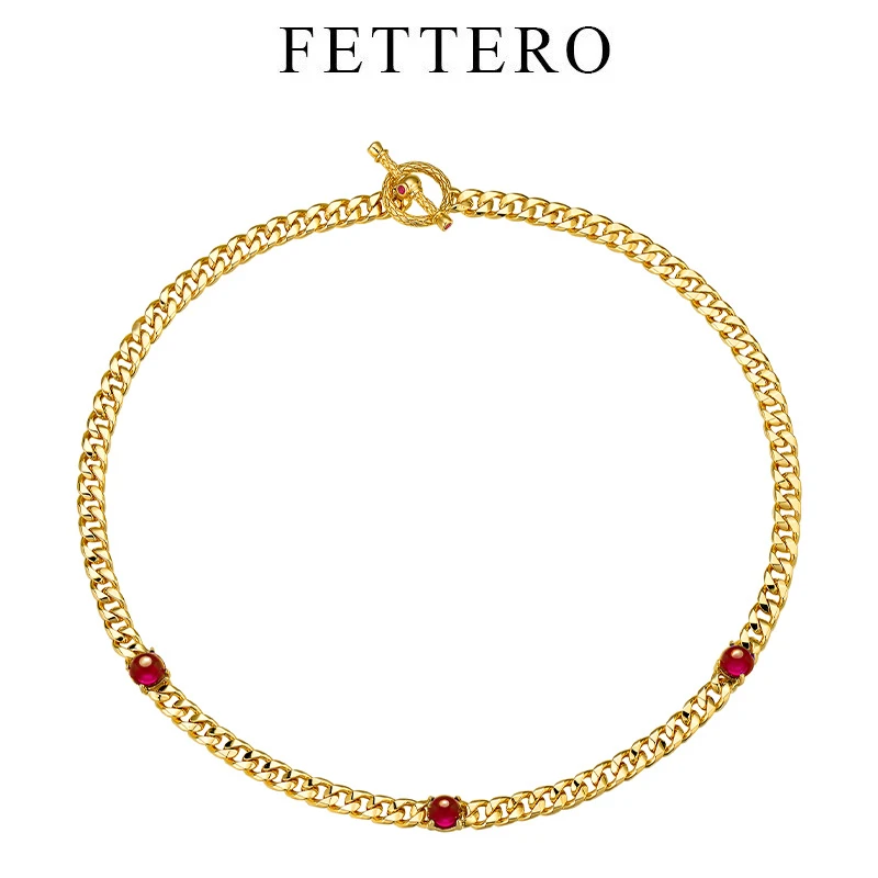 fettero 铜合金项链 【金色116古巴链嵌正圆玫红玻璃项链】轻奢时尚