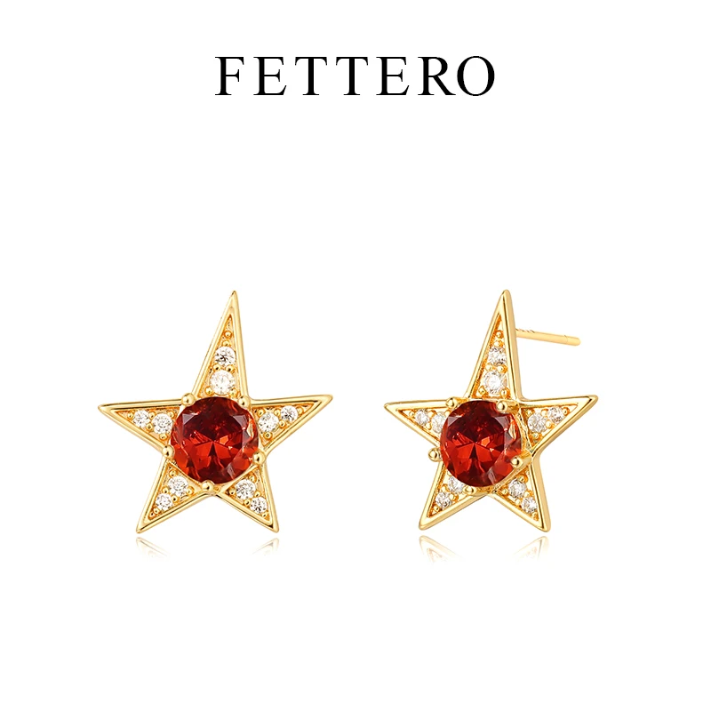 fettero 铜合金耳饰 【金色斜方石榴红五角星耳钉】红色经典镶嵌