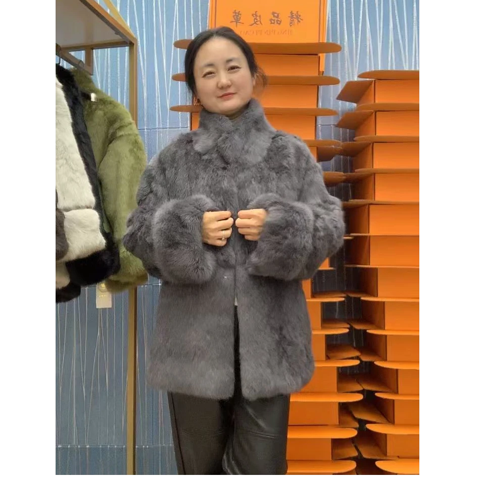 [01款】2025新款轻奢时尚简约休闲慵懒百搭兔毛皮毛一体外套