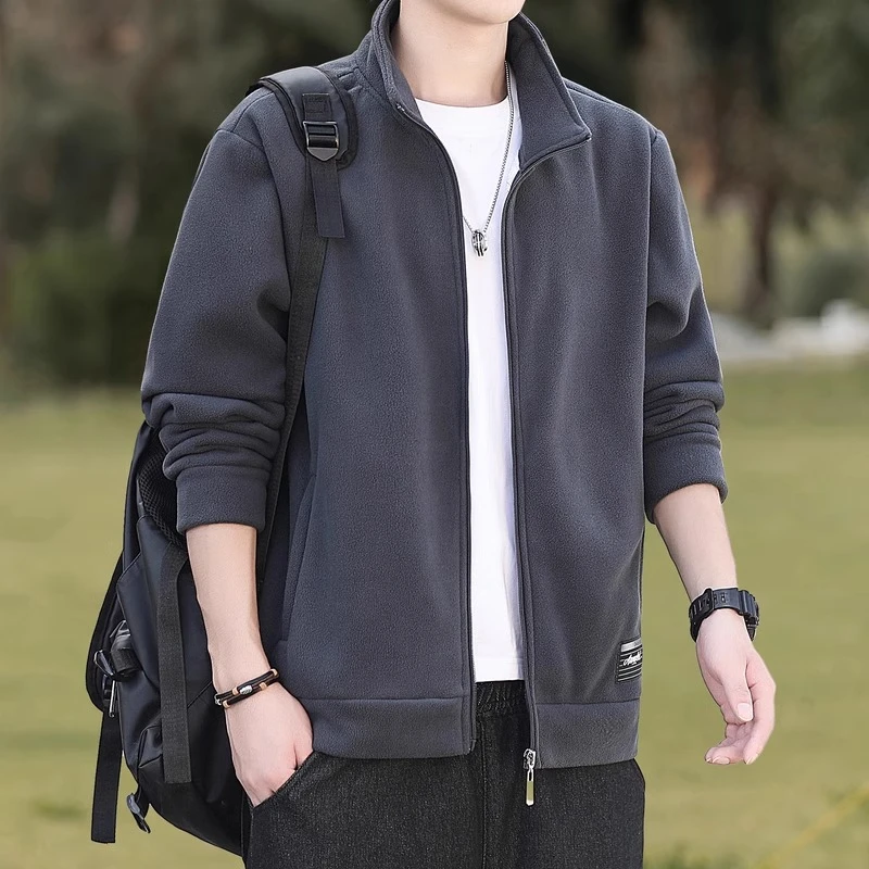 香港秋冬季摇粒绒男士外套2024新款运动夹克休闲立领抓绒加厚卫衣