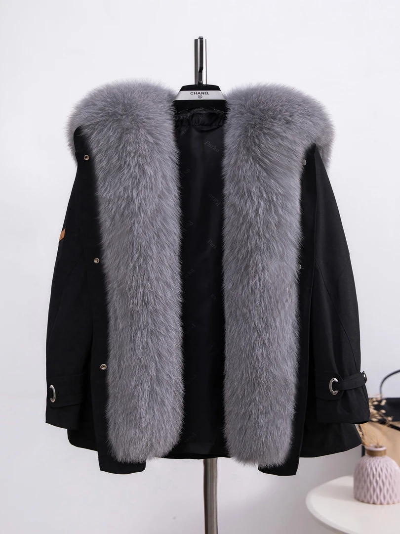 2023年新款时尚百搭气质真狐狸毛门襟海军领可拆卸保暖大毛领加厚