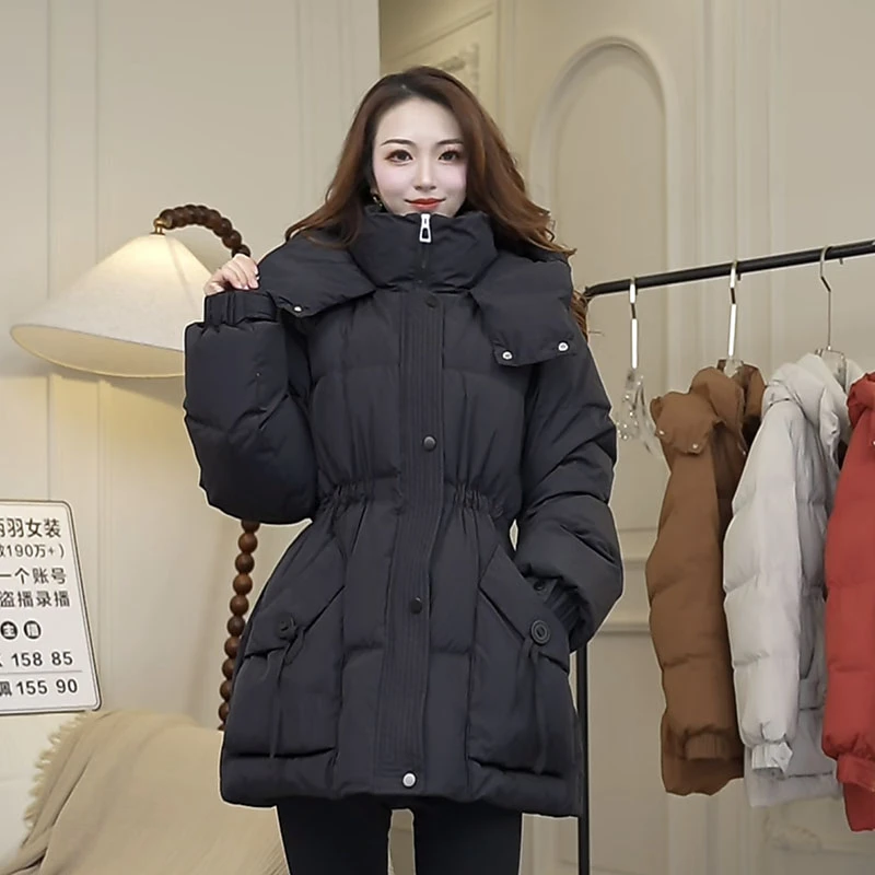 韩版收腰口袋纽扣羽绒服女中长款显瘦气质冬季外套百搭