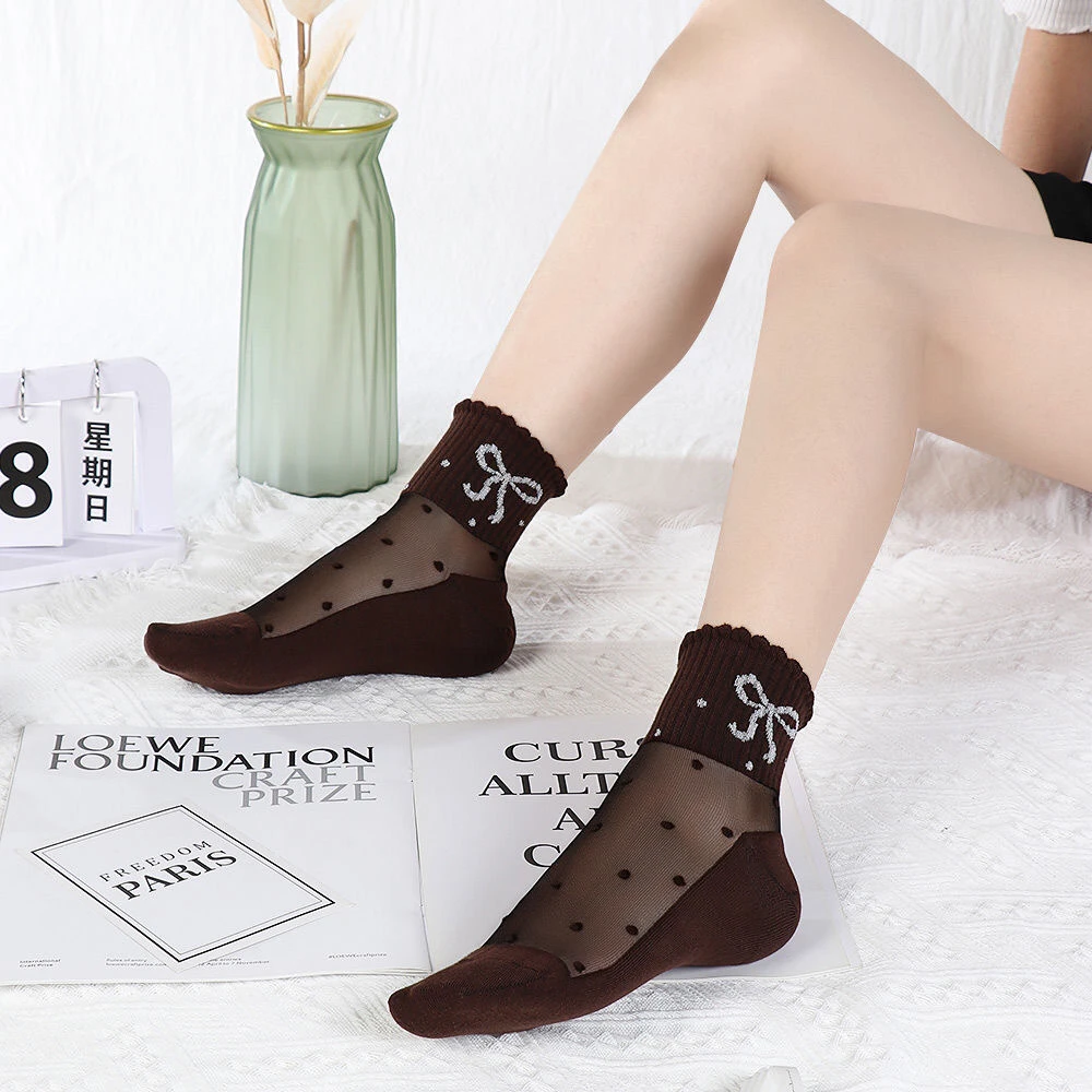 5双 女春季公主风女袜秋季小中筒蝴蝶结波点水晶袜棉底性感女丝袜