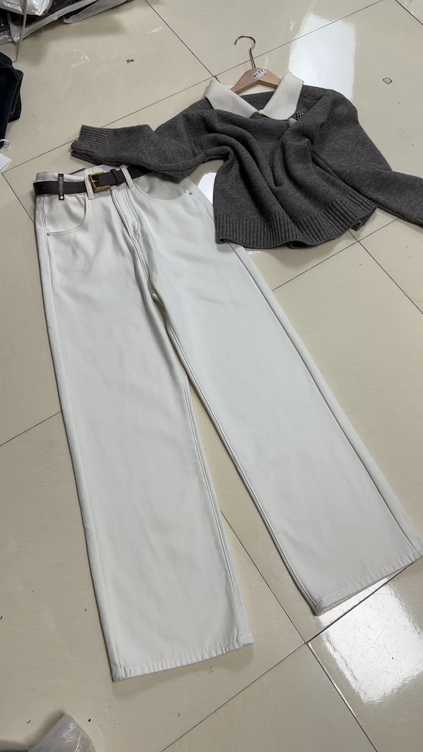 2824年新款冬季白色窄版直筒阔腿拖地牛仔裤裤显瘦显高配腰带