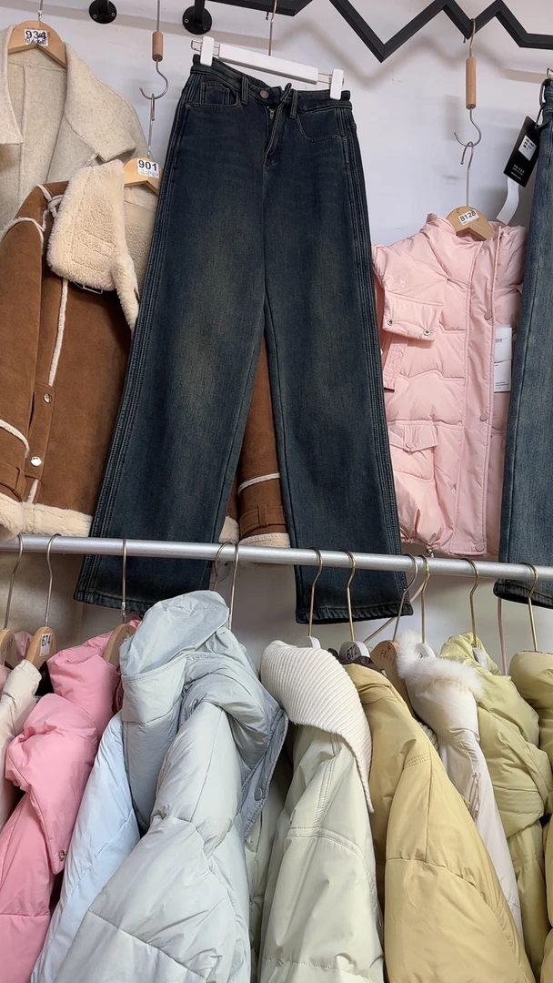 2024新款冬季窄版直筒加绒加厚阔腿拖地牛仔裤