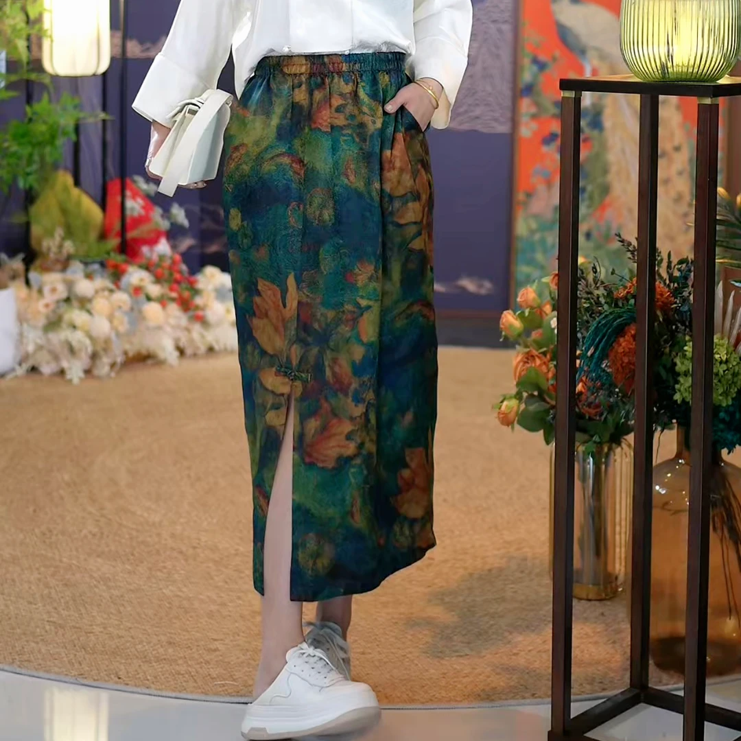 【苏唐韵】油画荷花锦鲤半身裙 香云纱桑蚕丝美丽迷人气质新中式款