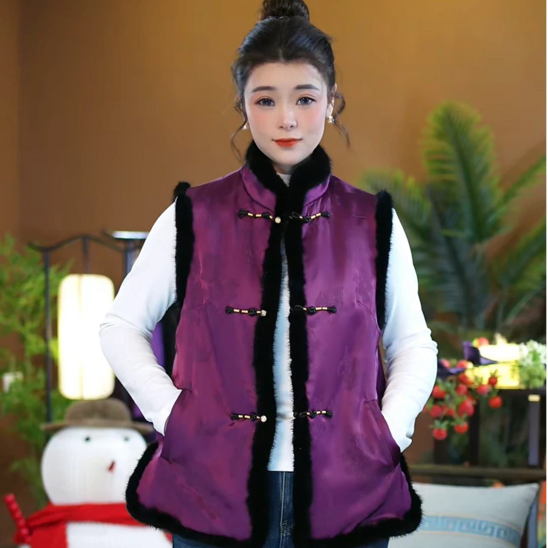 【苏唐韵】国风两面穿冠乐皱保暖马甲  新中式高档水貂毛桑蚕丝年服