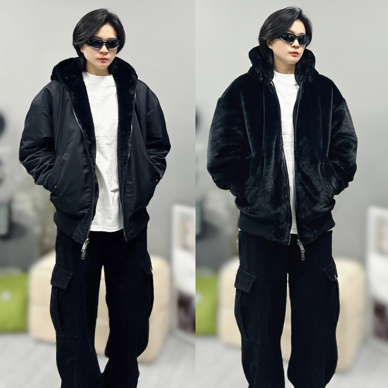双面穿冬季重磅加绒加厚男款棉服仿兔毛两面穿情侣保暖连帽厚外套