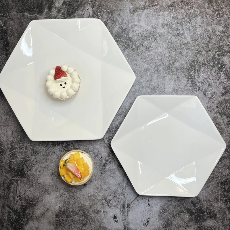 餐厅酒店白色陶瓷钻石六角形炒菜盘创意多边盘沙拉盘早餐盘小吃盘
