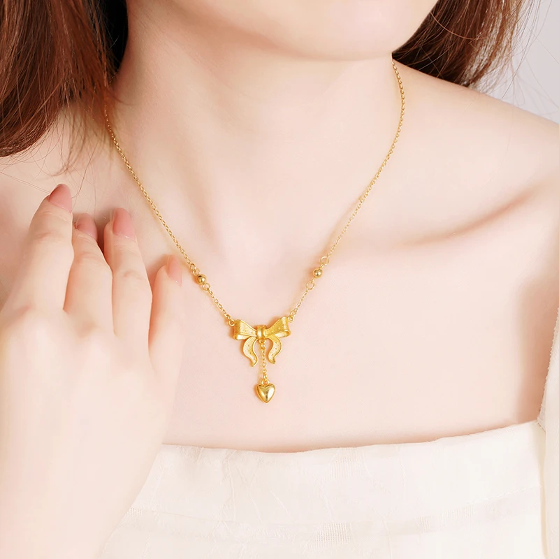 OULLEN 钛钢项链 在逃公主蝴蝶结爱心套链不掉色时尚饰品锁骨项链