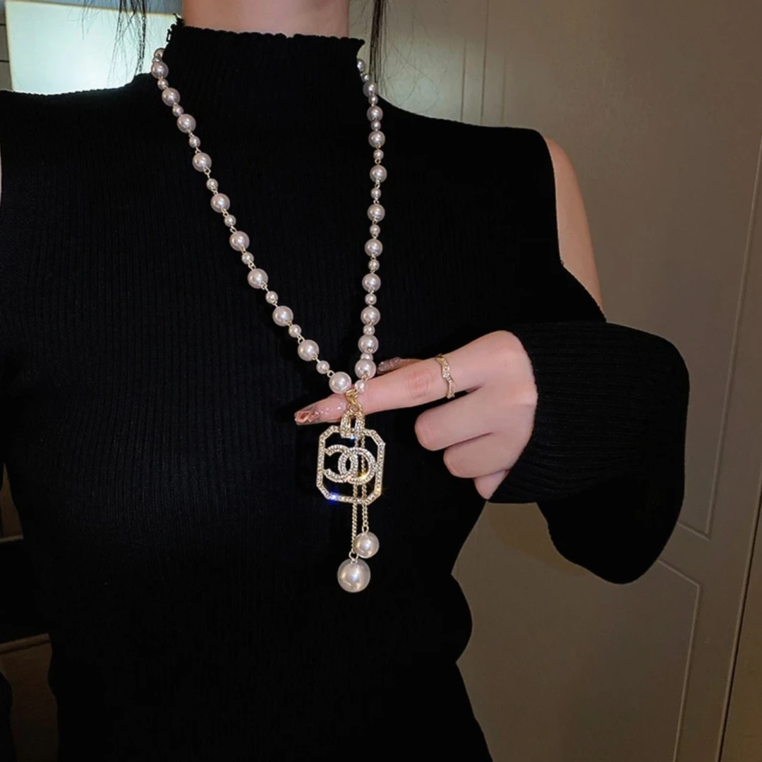 OULLEN 钛钢项链 贝珠毛衣链小香风气质轻奢百搭长款女秋冬款饰品