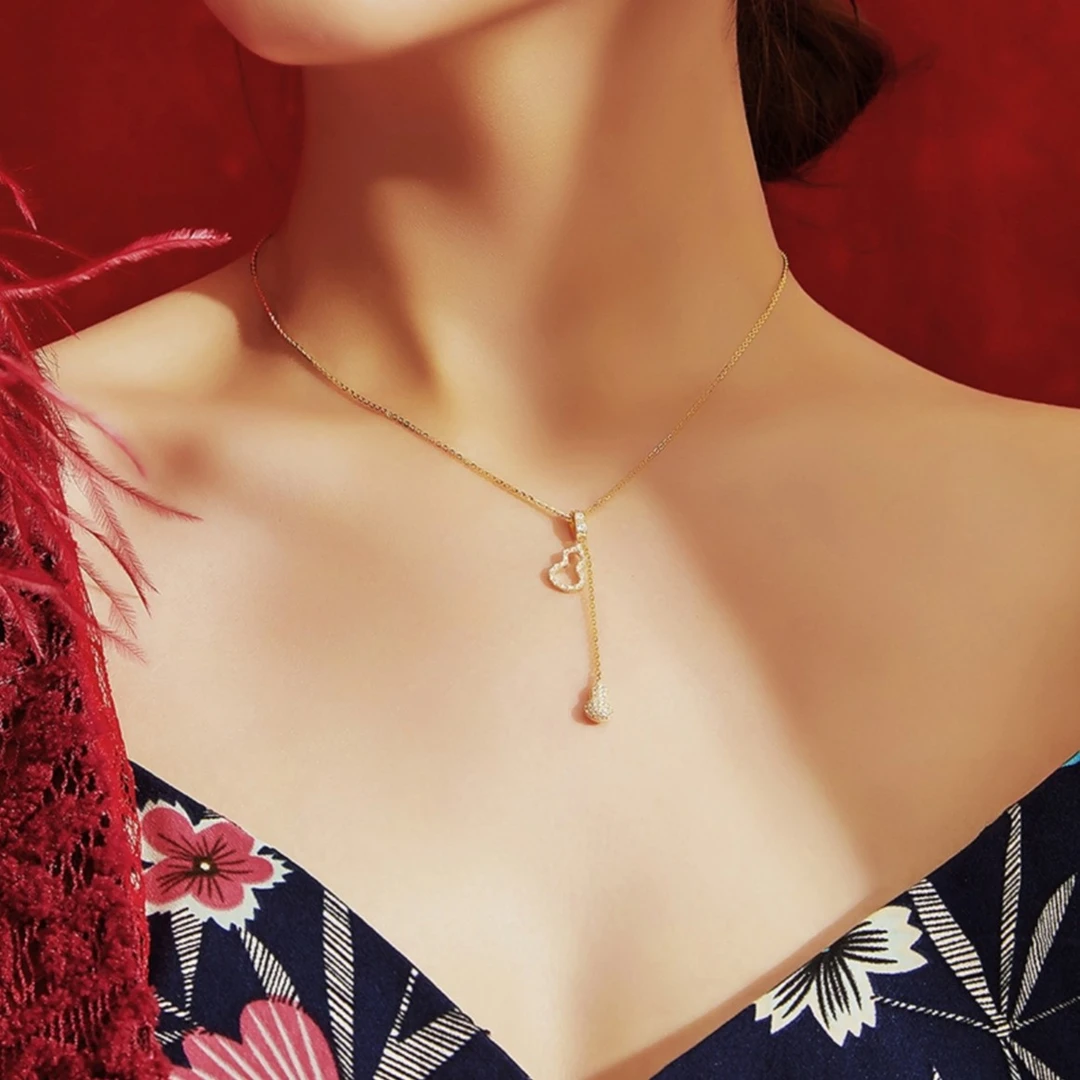 OULLEN 钛钢项链 不掉色双层葫芦项链女小众设计女款百搭女锁骨链