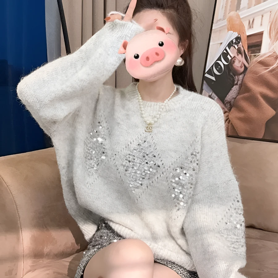秋冬慵懒风宽松针织内搭上衣复古重工亮片高级感圆领套头毛衣女装