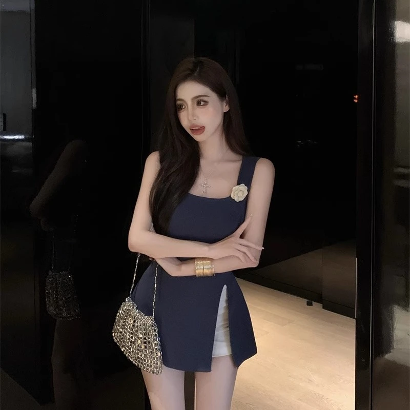 立体花朵设计感开叉修身显瘦减龄上衣夏季法式复古针织吊带背心女