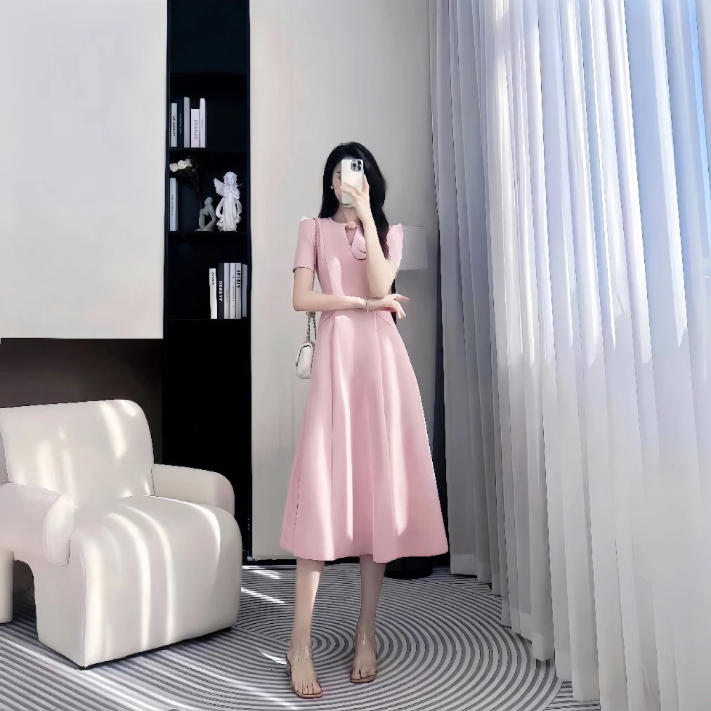 拉夏贝尔2025青苍款清凉优雅气质显瘦百搭高腰连衣裙 2076 QQC