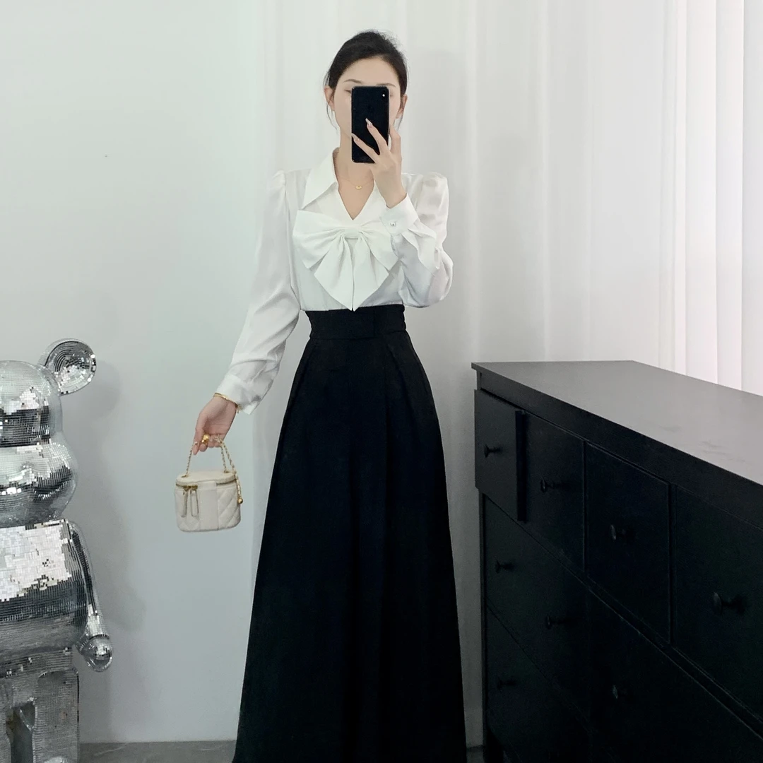 拉夏贝尔2025初秋新显瘦气质法式高腰时尚衬衫+裙裤 10014 LSC