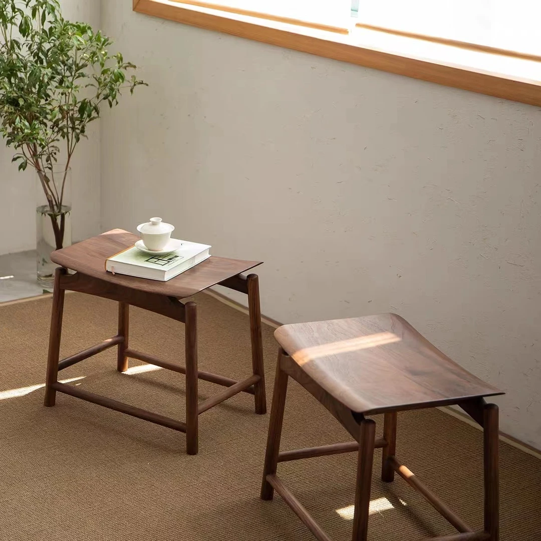 新中式元宝凳实木老榆木凳客凳小风感波粒黑胡桃木马鞍凳