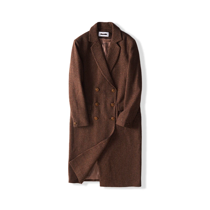 B042  经典双排扣格子长款大衣3WQ023