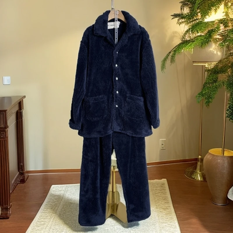 DEL  冬款珊瑚绒加厚小翻领男家居睡衣套装AD9225533