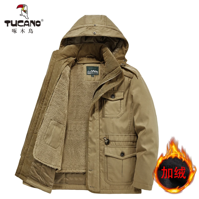 TUCANO/啄木鳥 冬季中长款夹克男连帽可拆卸中年加绒抓绒内胆外套