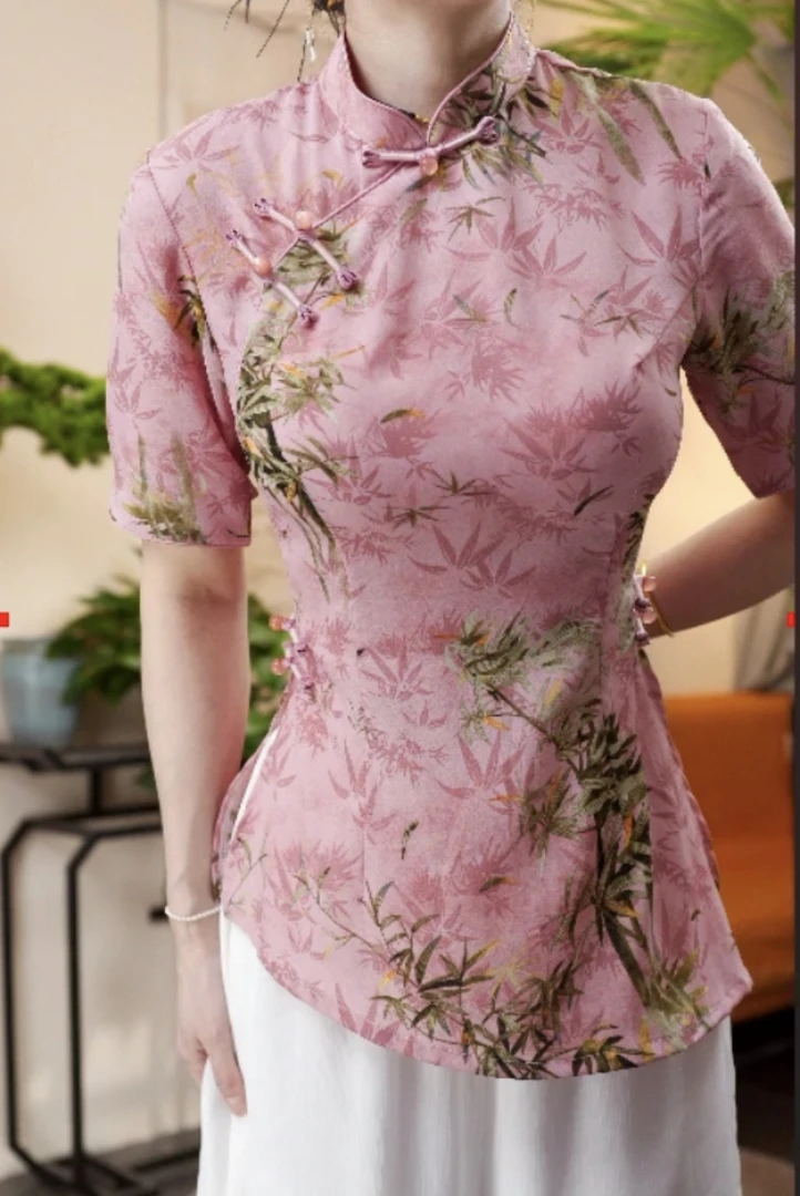 062-粉黛竹叶夏季国风日常气质旗袍小上衣（单件上衣）