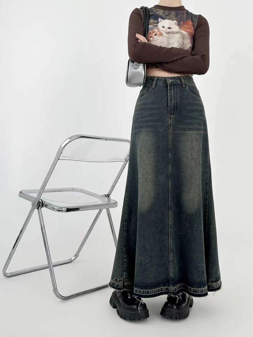 大码胖MM新款美式百搭辣妹复古高腰显瘦毛边包臀牛仔裙半身长裙