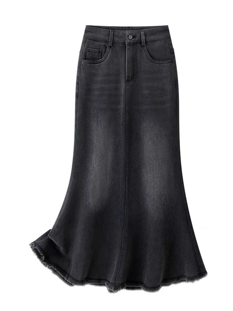 （湘）十三行时尚新款显瘦百搭复古牛仔中长裙直筒高腰韩版包臀鱼尾