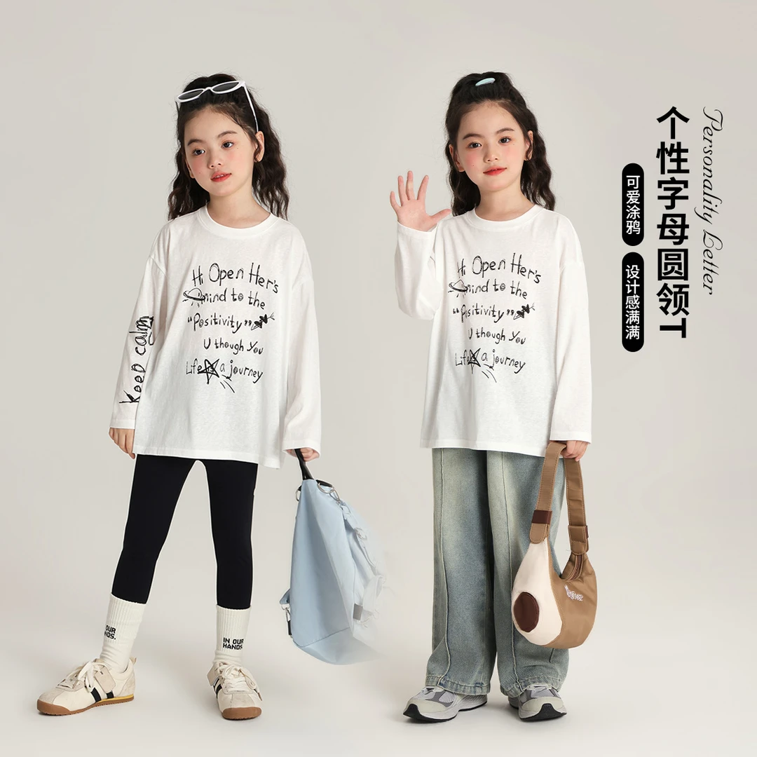 【兰香雪】2024秋款女童休闲字母涂鸦印花雪花棉T恤G43TQ421
