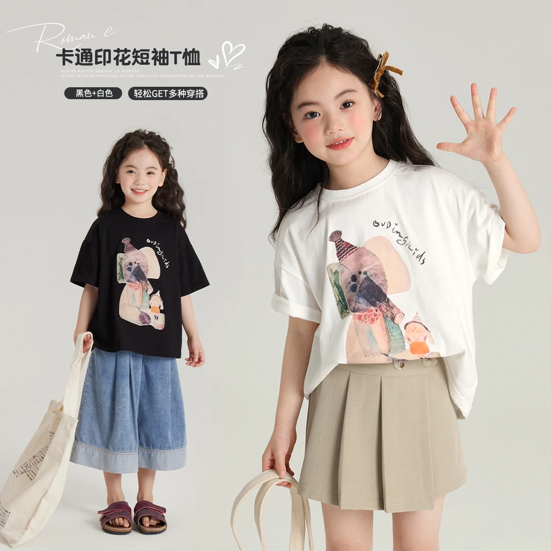 布丁哈鲁【油画象】2024女童夏季休闲百搭圆领大象宽松T恤G42TR162