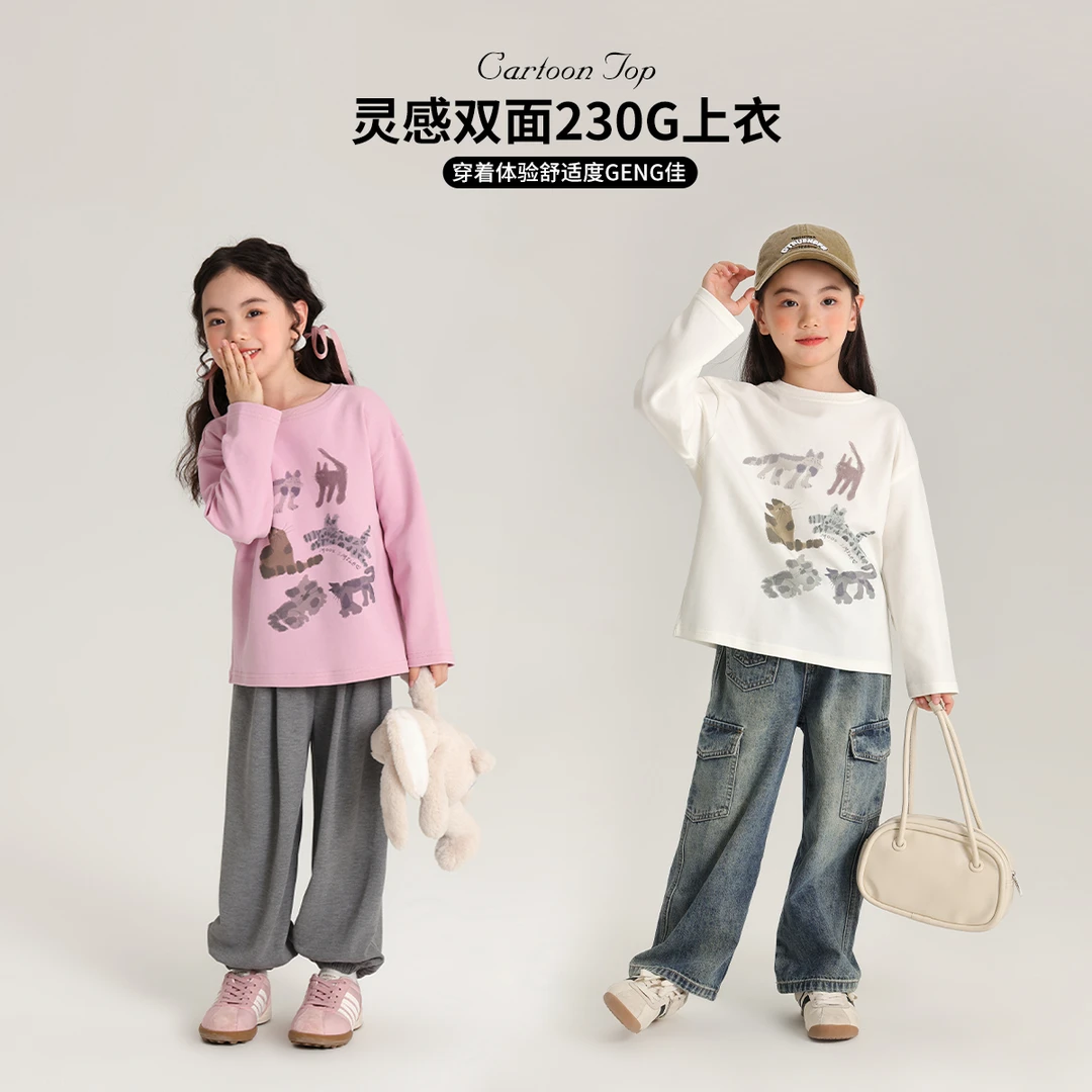 布丁哈鲁【灵感猫咪】2024秋款女童宽松休闲舒适小猫T恤G43TH045