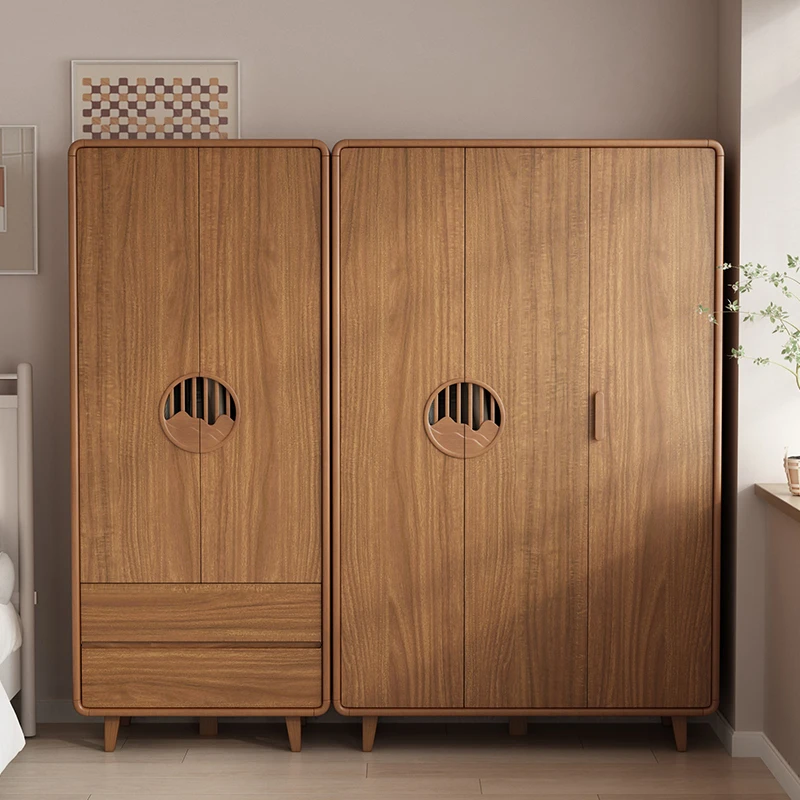 卧室衣柜胡桃木色实木框家用小户型储物柜原木色衣橱双开门衣柜
