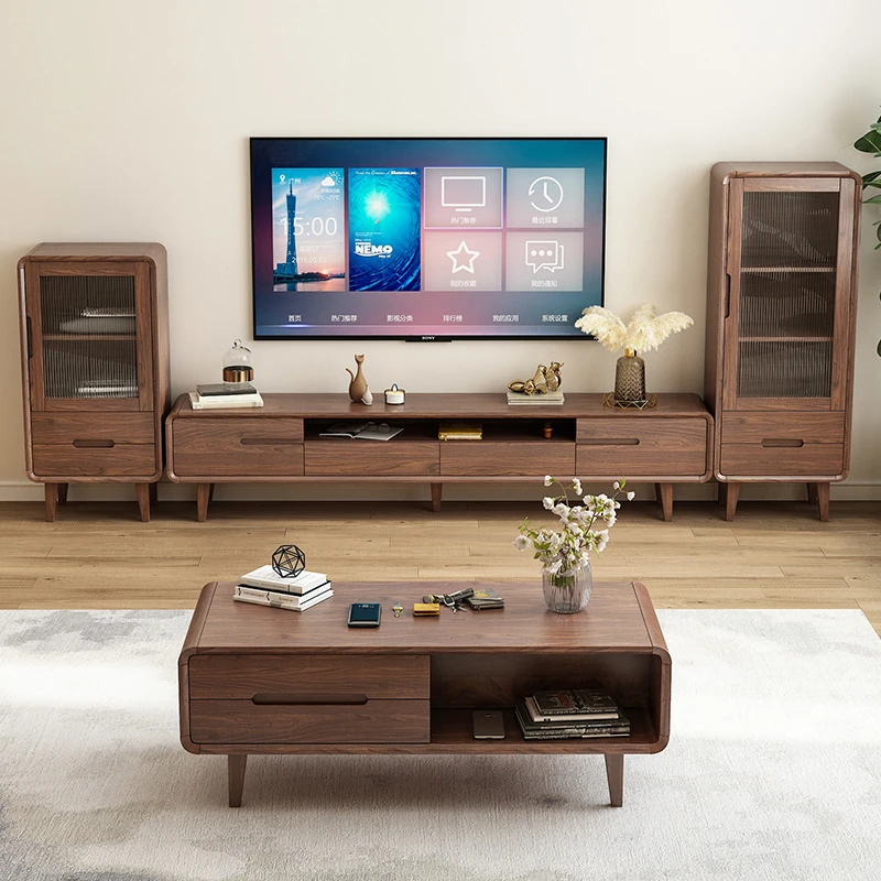 全实木电视机柜新中式客厅落地柜靠墙一体地柜简约组合茶几储物柜