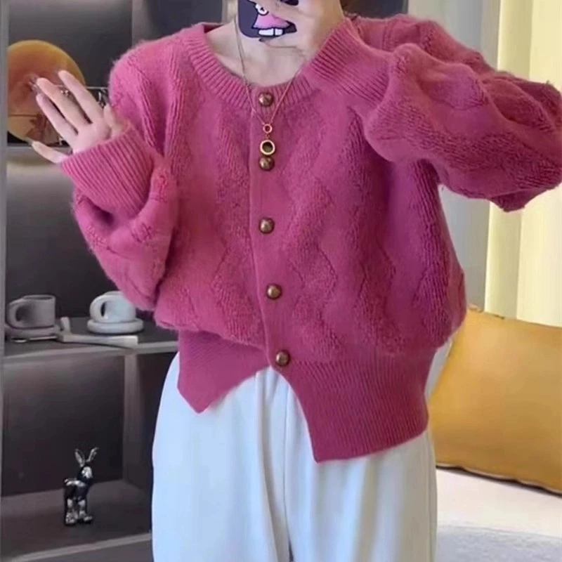 秋冬新款圆领小个子小香风小众单排扣开衫毛衣百搭厚款针织上衣