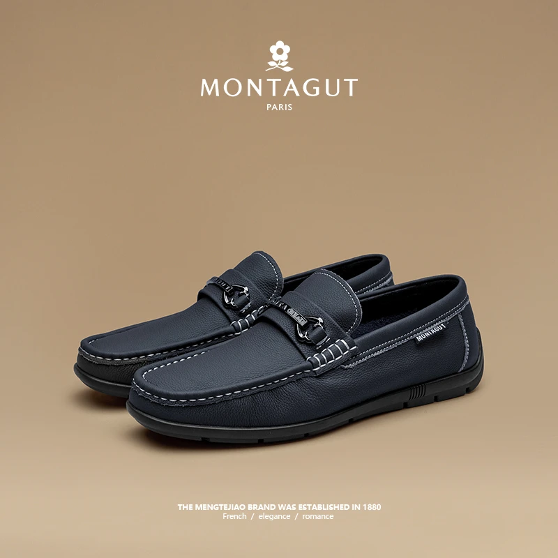 梦特娇男士头层牛皮鞋子百搭时尚软底软面休闲男皮鞋一脚蹬乐福鞋