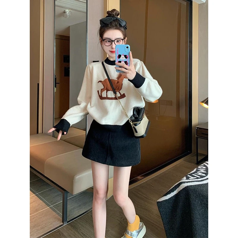 2025春季新款女复古气质卡通针织毛衣温柔高腰百搭灯芯绒半身短裙