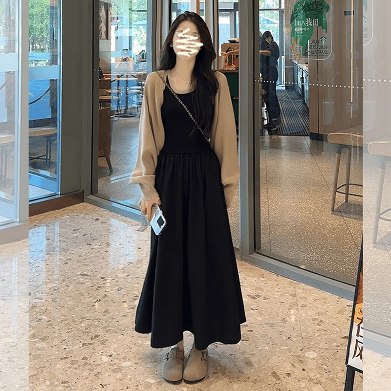 A797#2025春季新款慵懒感短款长袖针织开衫气质收腰吊带连衣裙